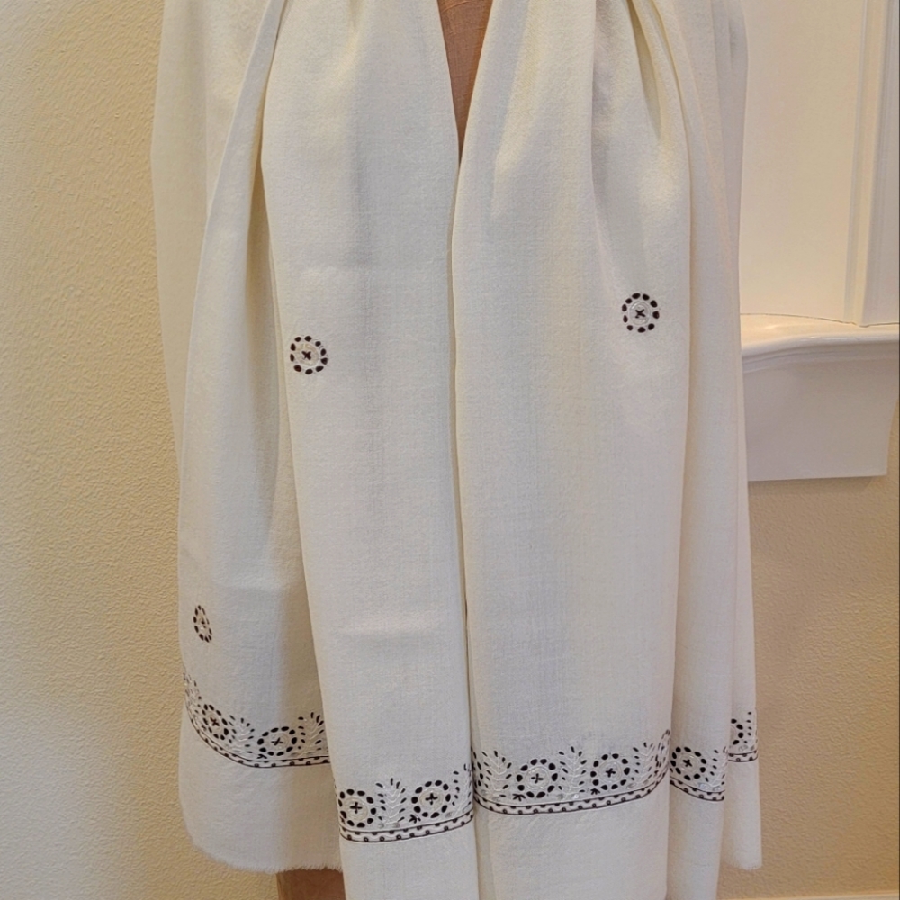 Cream color pure fine wool embroidered with mirror work large shawl.